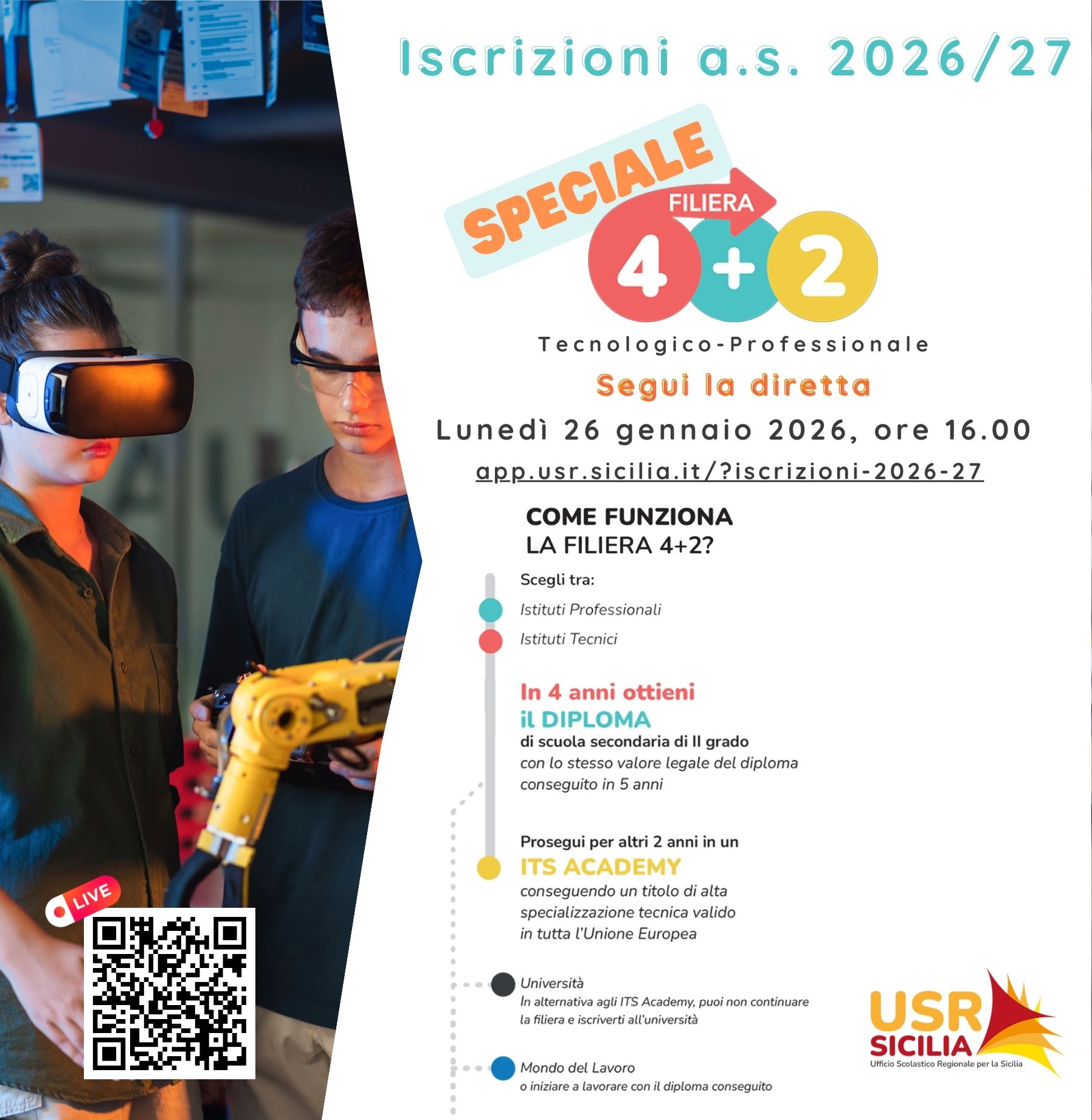 Iscrizioni a.s. 2026/27, Incontro online “Iscrizioni scuola secondaria di secondo grado. Speciale filiera tecnologico – professionale 4+2”